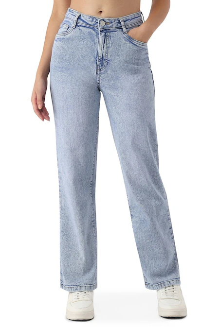 Light Blue Solid Full Length Casual Women Straight Fit Jeans